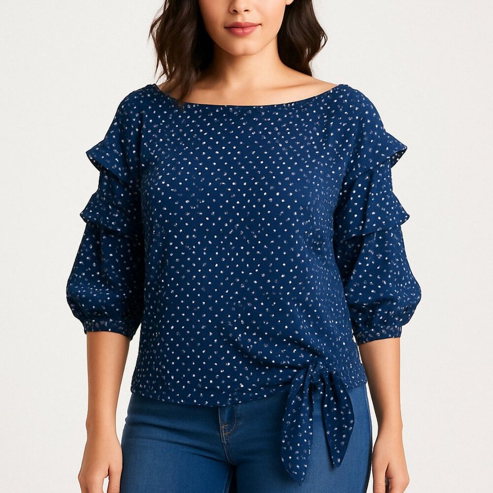 CeCe (NWOT) Women's Off Shoulder Ruffle Sleeve Polka Dot Blouse Navy White S
